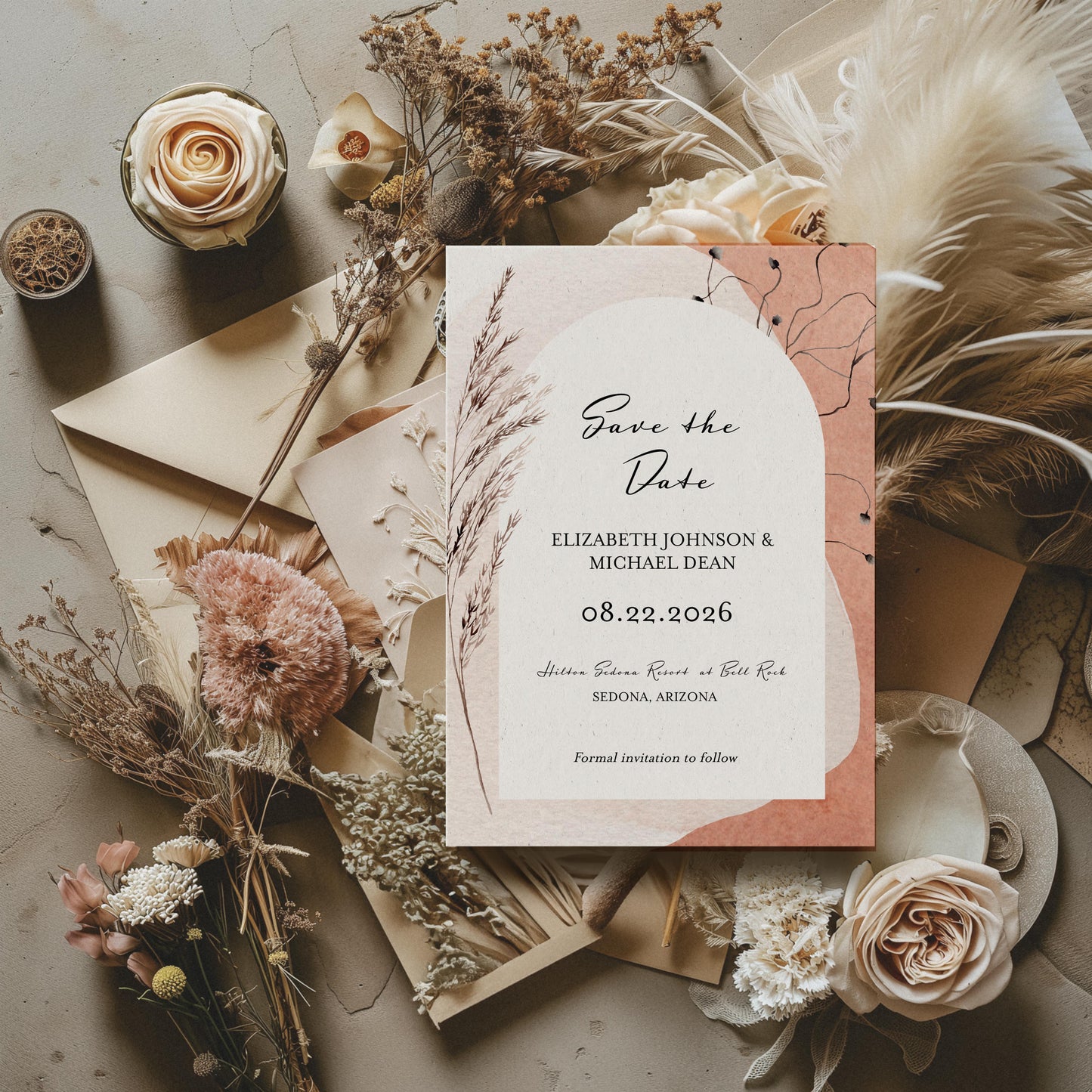 Modern Boho Watercolor Arch Save the Date Template Editable Invitation Corjl Digital Download