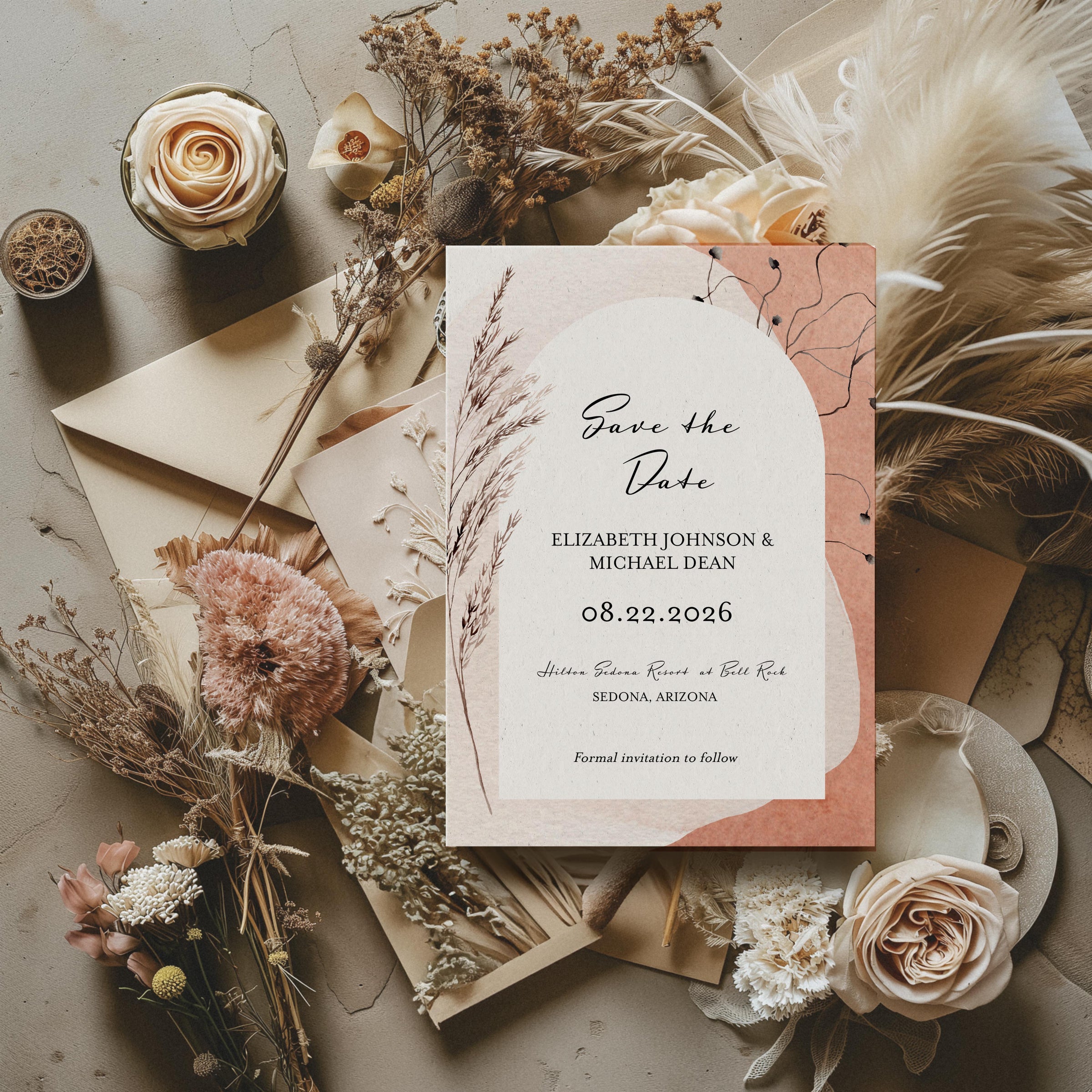 Modern Boho Watercolor Arch Save the Date Template Editable Invitation Corjl Digital Download