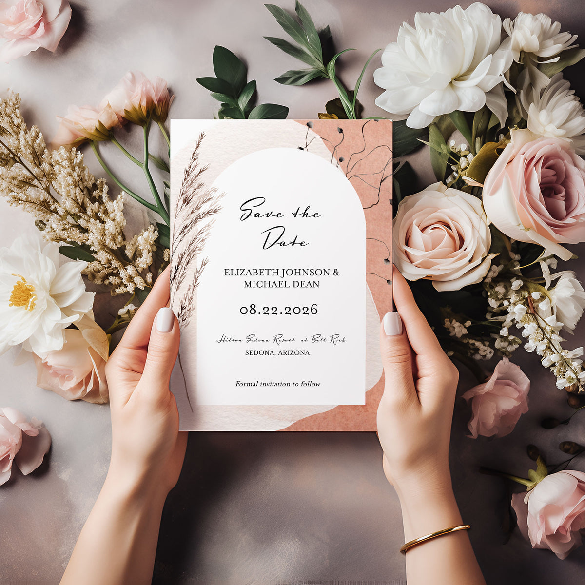 Modern Boho Watercolor Arch Save the Date Template Editable Invitation Corjl Digital Download