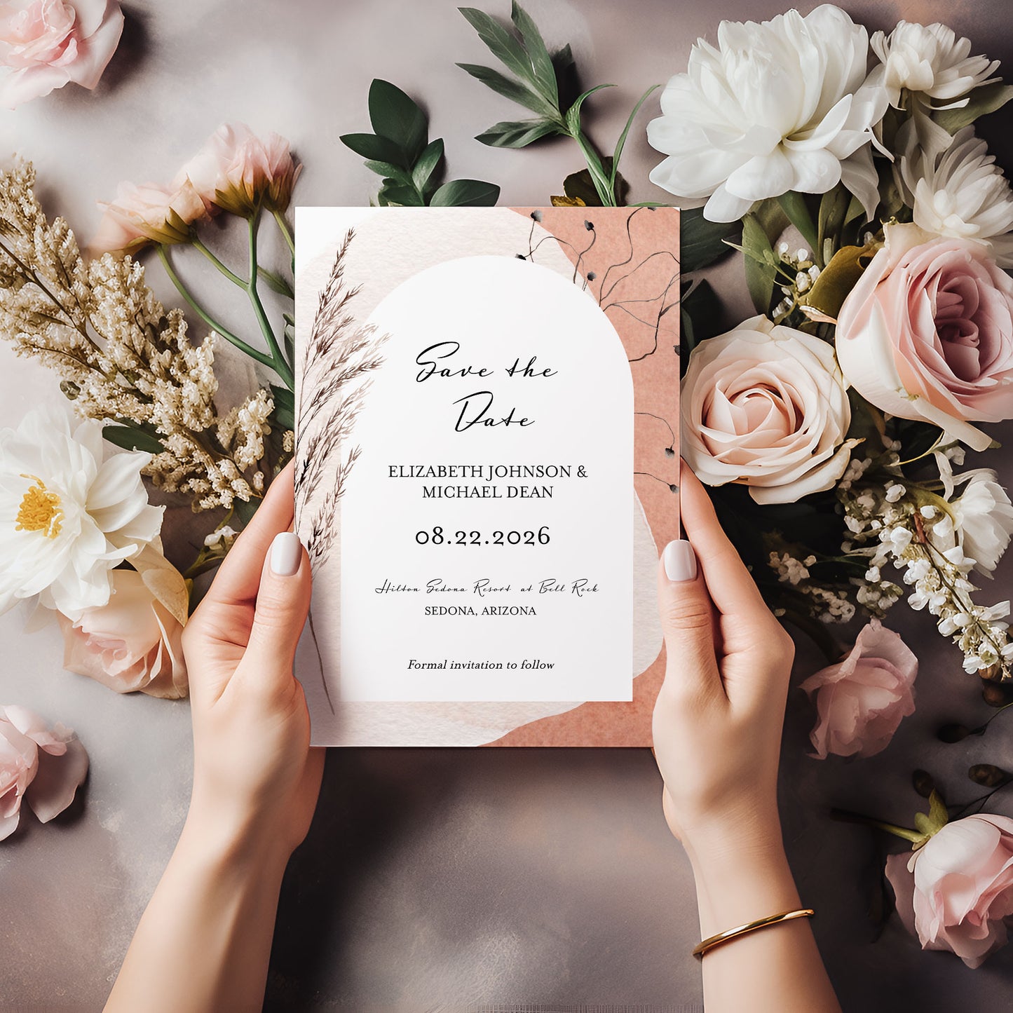 Modern Boho Watercolor Arch Save the Date Template Editable Invitation Corjl Digital Download
