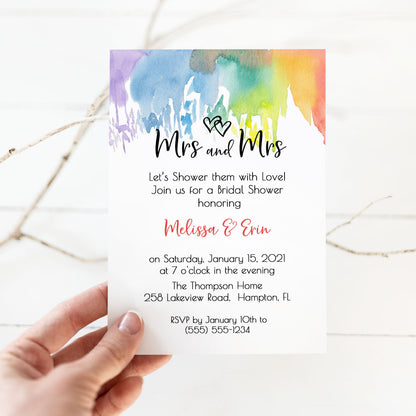 Mrs and Mrs LGBTQ Rainbow Bridal Shower Invitation