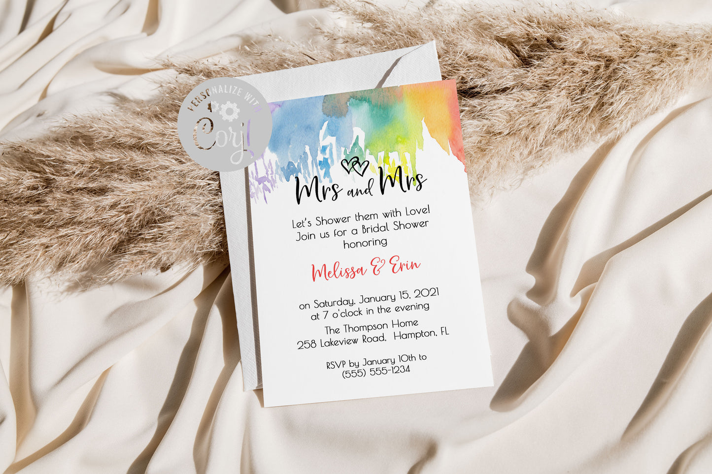 Mrs and Mrs LGBTQ Rainbow Bridal Shower Invitation