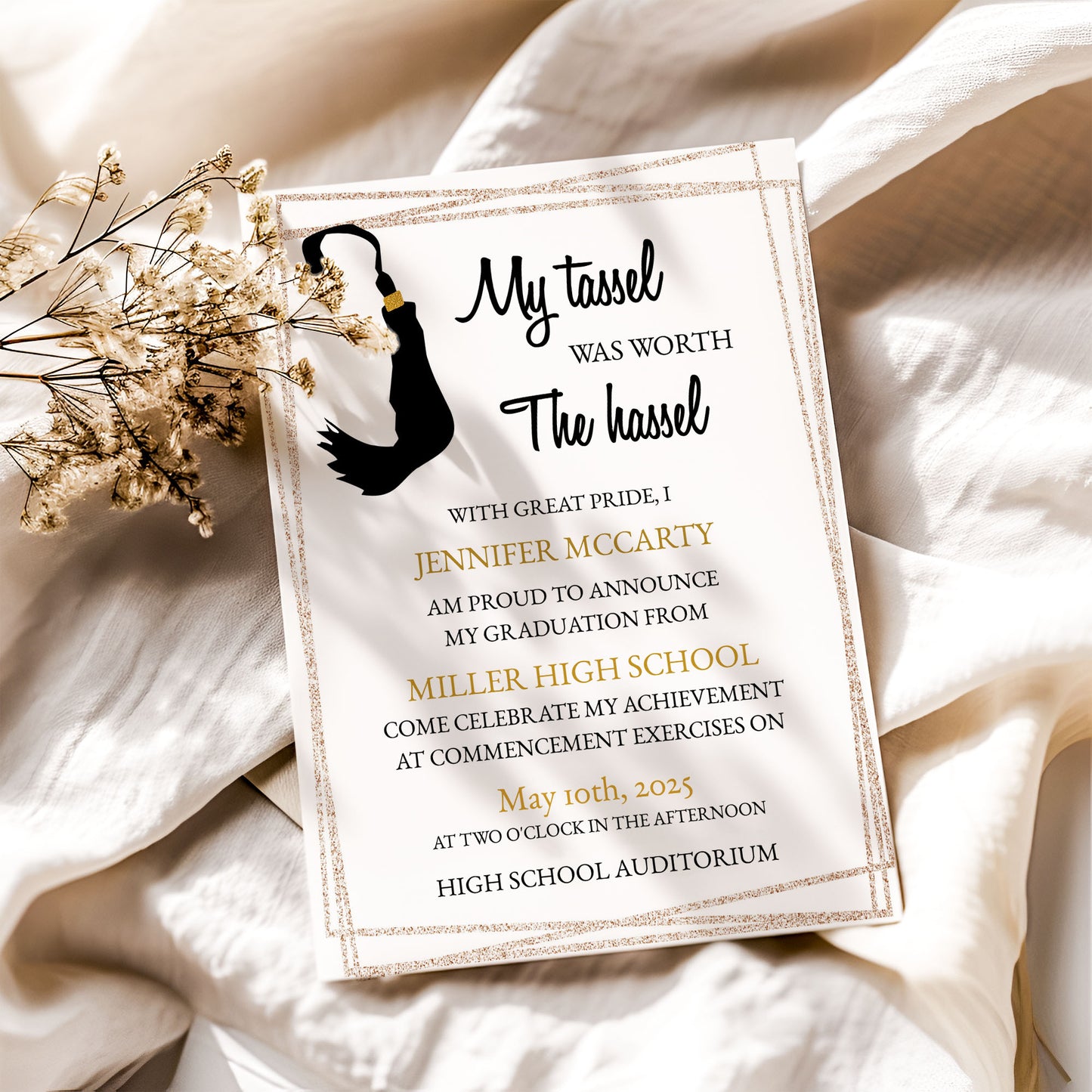 Tassel Black and Gold Graduation Invitation Template Editable Invitation Corjl Digital Download