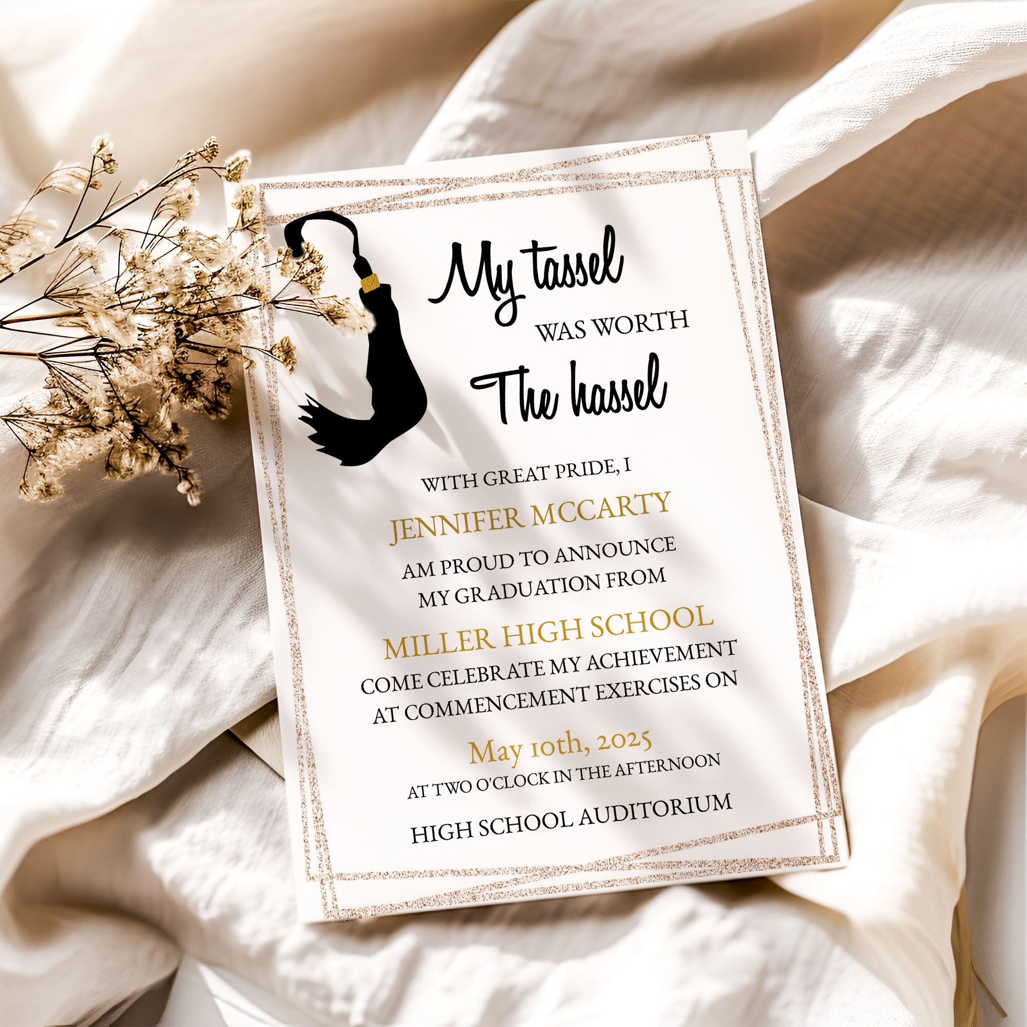 Tassel Black and Gold Graduation Invitation Template Editable Invitation Corjl Digital Download