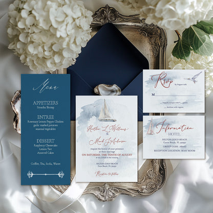 Watercolor Nautical SailBoat Wedding Invitation