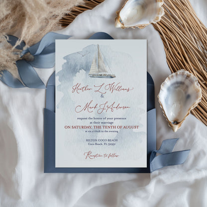 Watercolor Nautical SailBoat Wedding Invitation