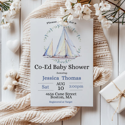 Co-Ed Gender Neutral Nautical Sailboat Baby Shower Invitation