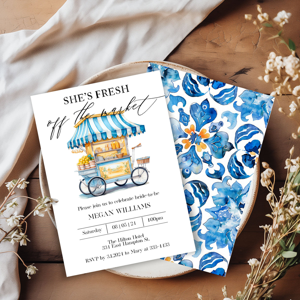 Fresh off the Market Bridal Shower Invitation Template Editable Invitation Corjl Digital Download