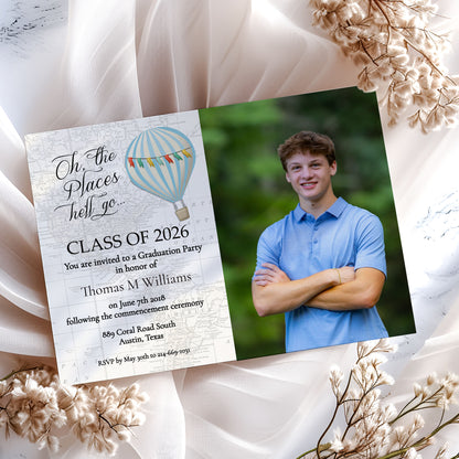 Oh the Places You'll Go Hot Air Balloon Photo Graduation Invitation Template Editable Invitation Corjl Digital Download