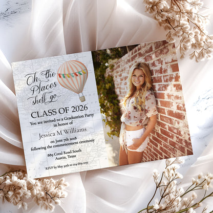 Oh the Places You'll Go Hot Air Balloon Photo Graduation Invitation Template Editable Invitation Corjl Digital Download