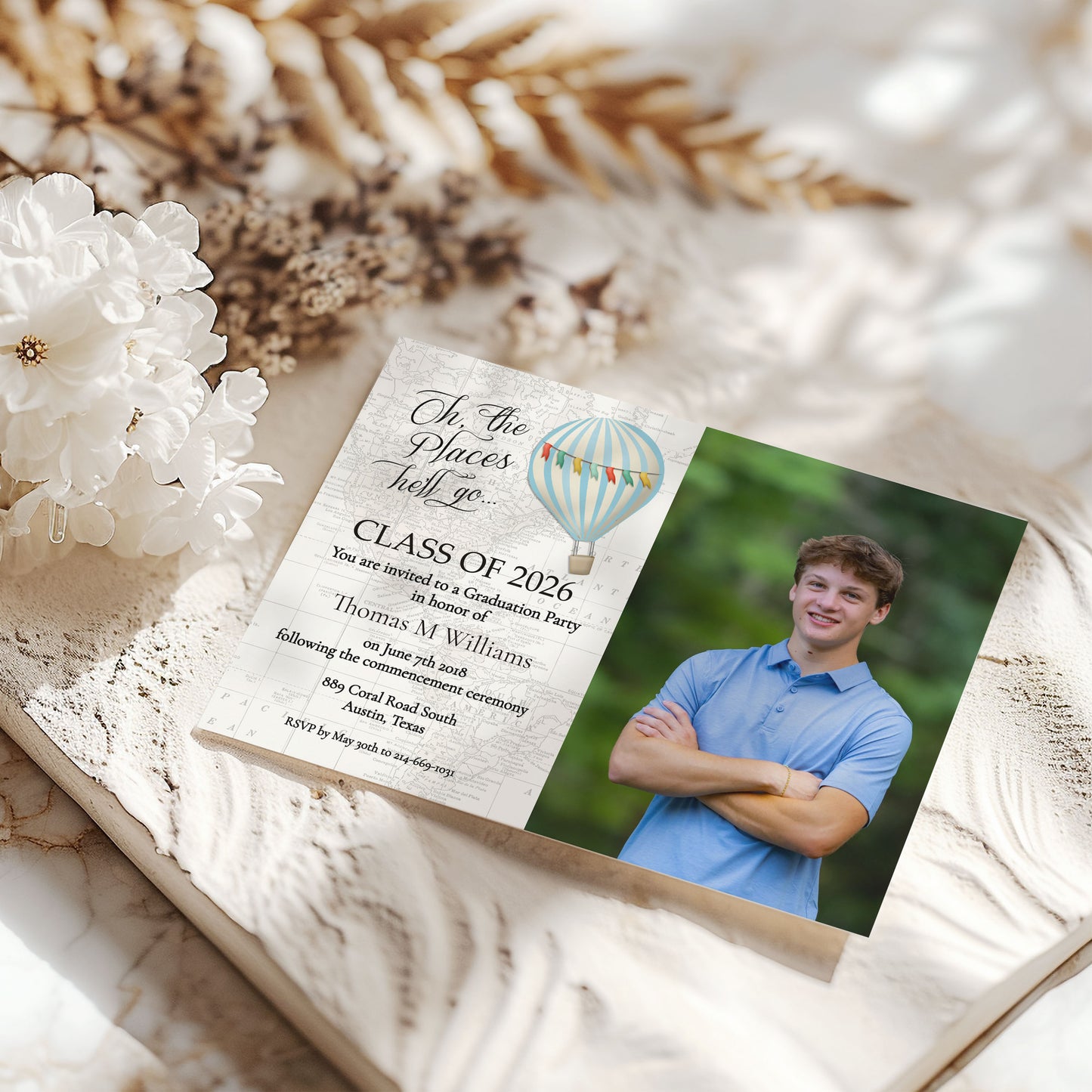 Oh the Places You'll Go Hot Air Balloon Photo Graduation Invitation Template Editable Invitation Corjl Digital Download