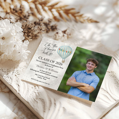 Oh the Places You'll Go Hot Air Balloon Photo Graduation Invitation Template Editable Invitation Corjl Digital Download