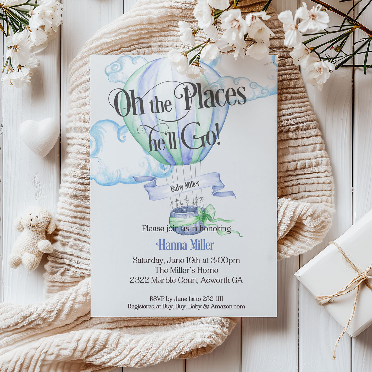 Hot Air Balloon Blue Boy Baby Shower Invitation