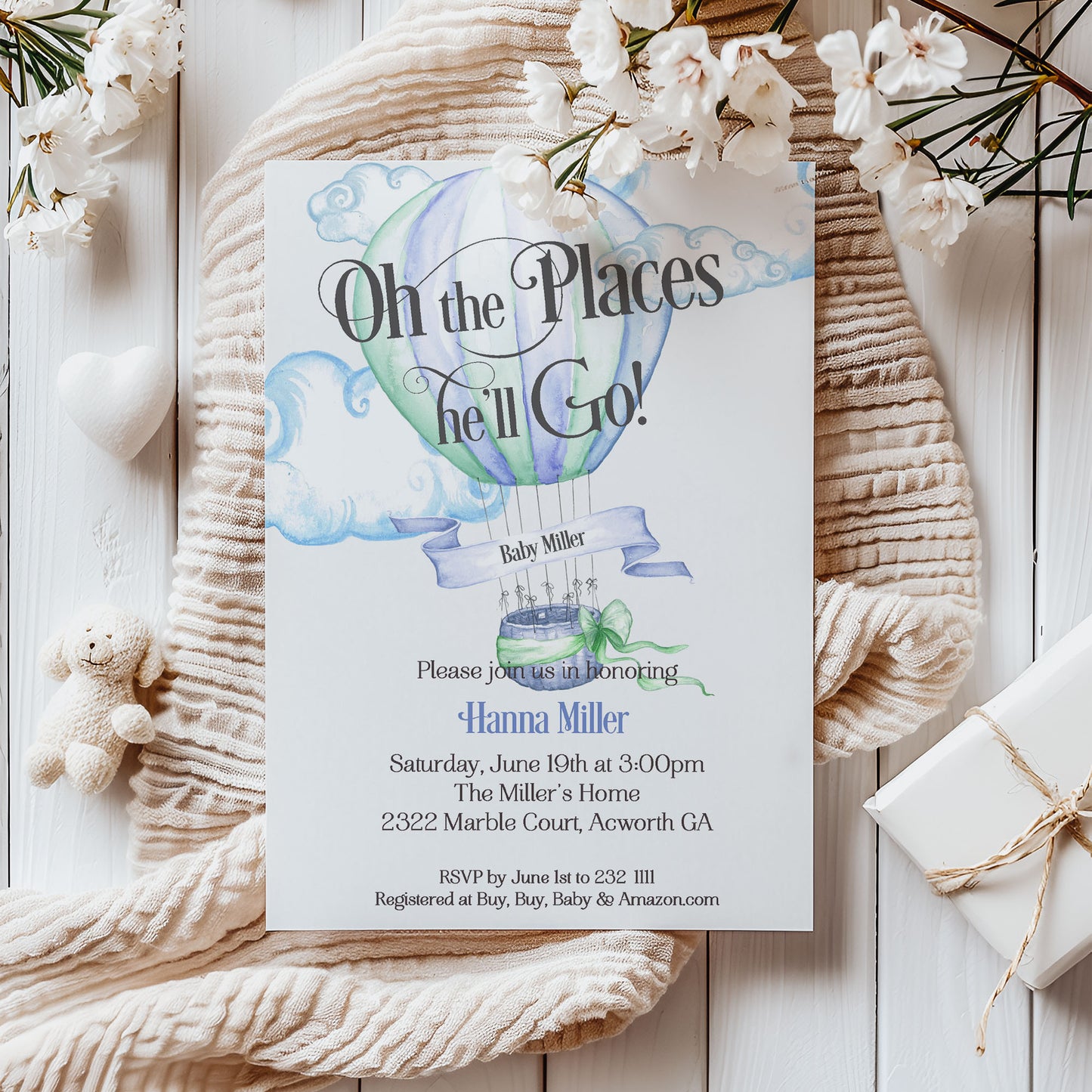 Hot Air Balloon Blue Boy Baby Shower Invitation