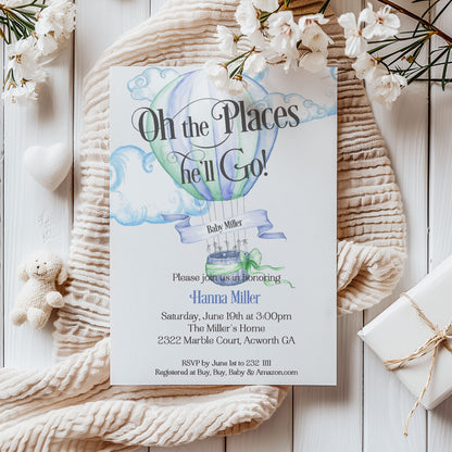 Hot Air Balloon Blue Boy Baby Shower Invitation