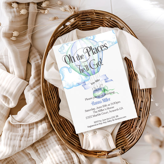 Hot Air Balloon Blue Boy Baby Shower Invitation