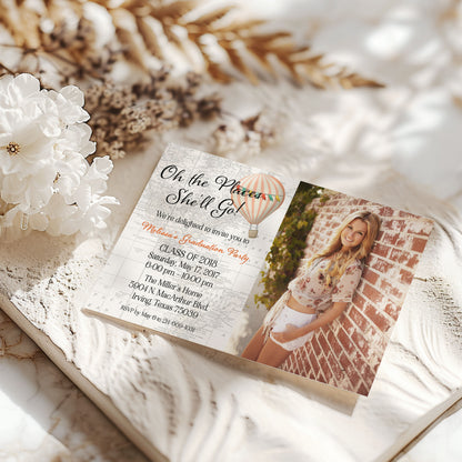 Oh the Places She'll Go Hot Air Balloon Custom Photo Birthday Invitation