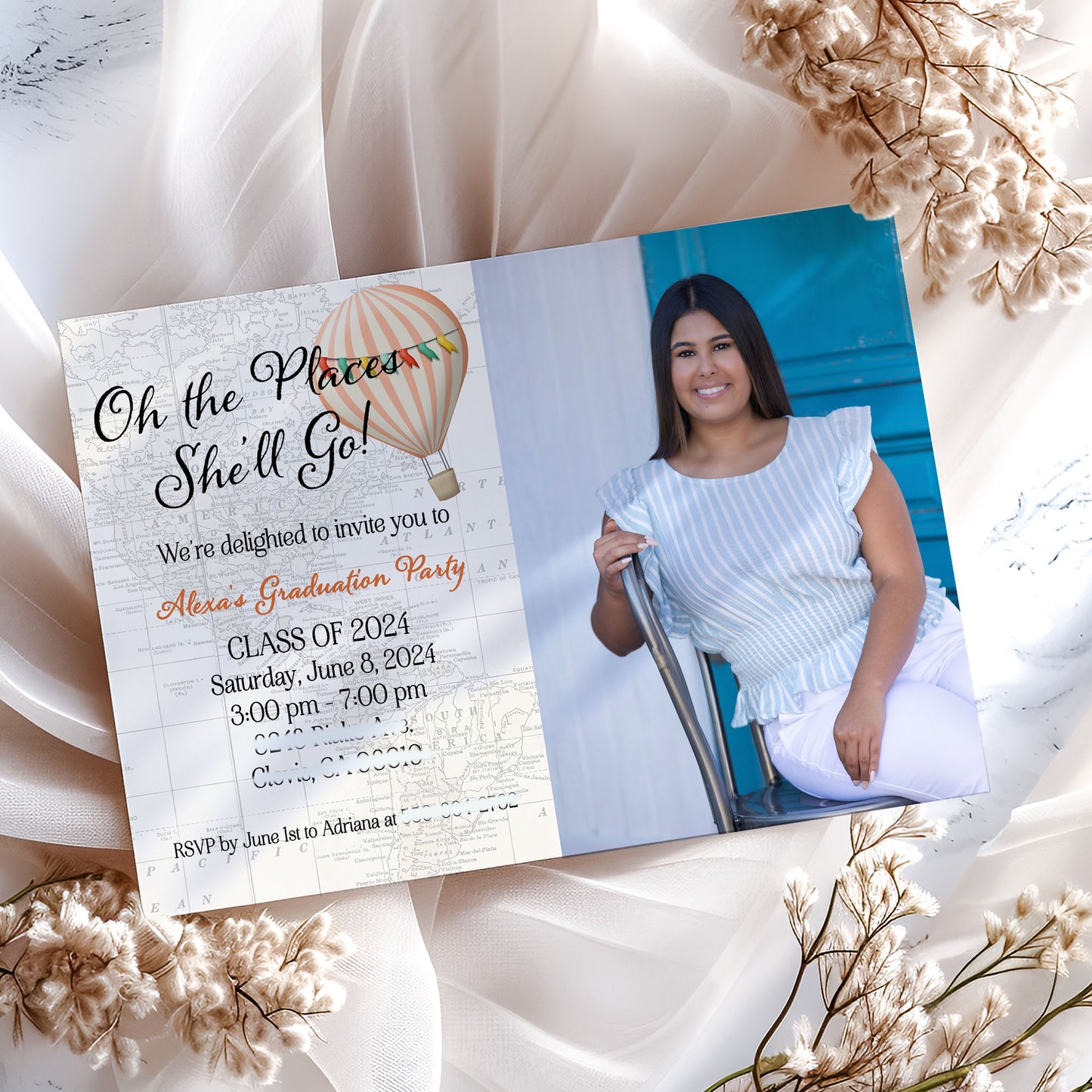 Oh the Places You'll Go Hot Air Balloon Photo Graduation Invitation Template Editable Invitation Corjl Digital Download