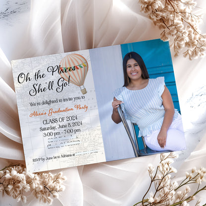 Oh the Places You'll Go Hot Air Balloon Photo Graduation Invitation Template Editable Invitation Corjl Digital Download