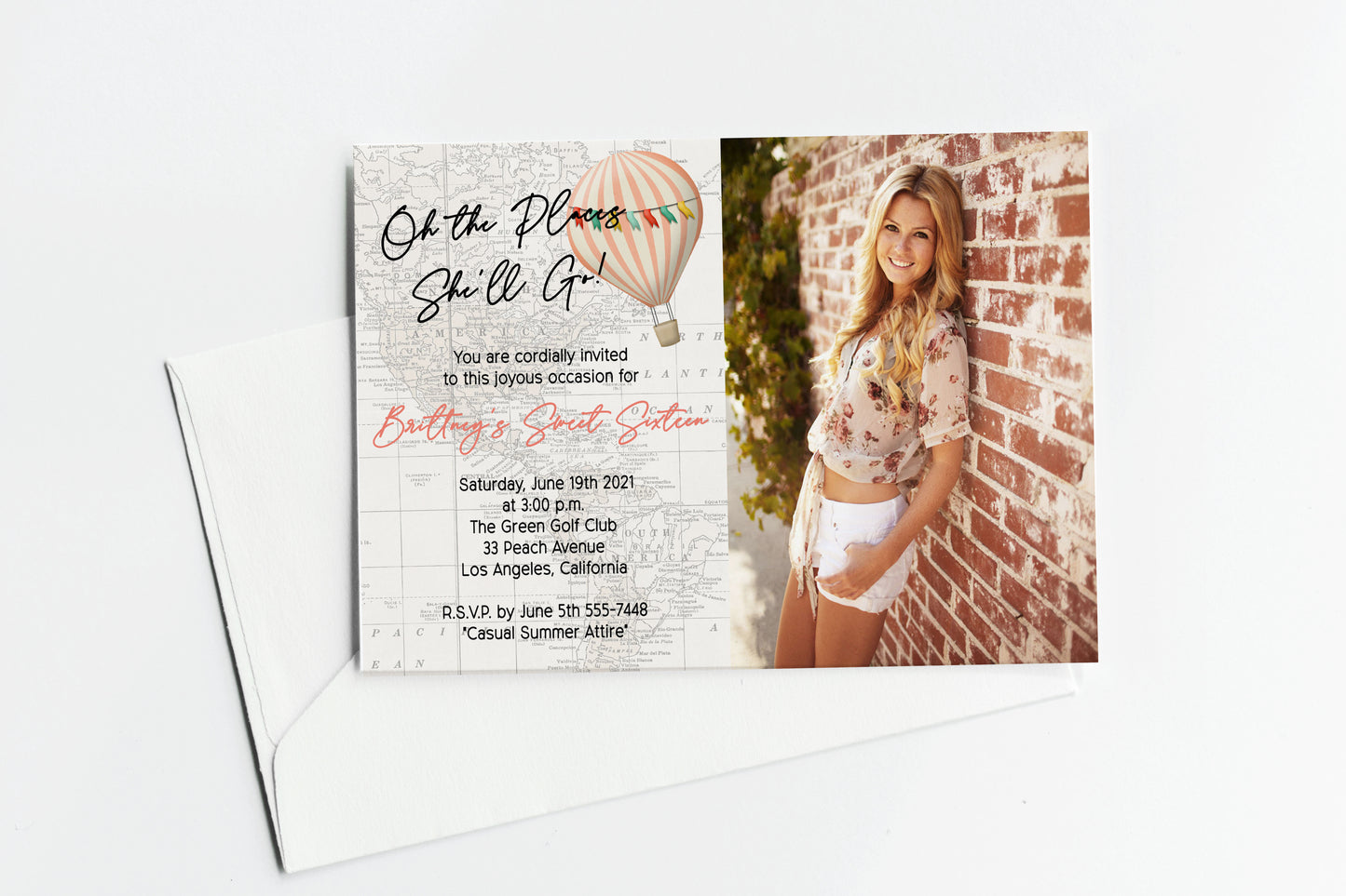 Oh the Places She'll Go Hot Air Balloon Custom Photo Birthday Invitation
