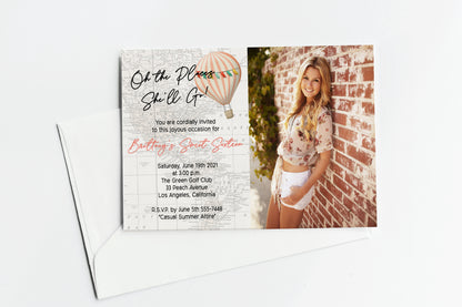 Oh the Places She'll Go Hot Air Balloon Custom Photo Birthday Invitation
