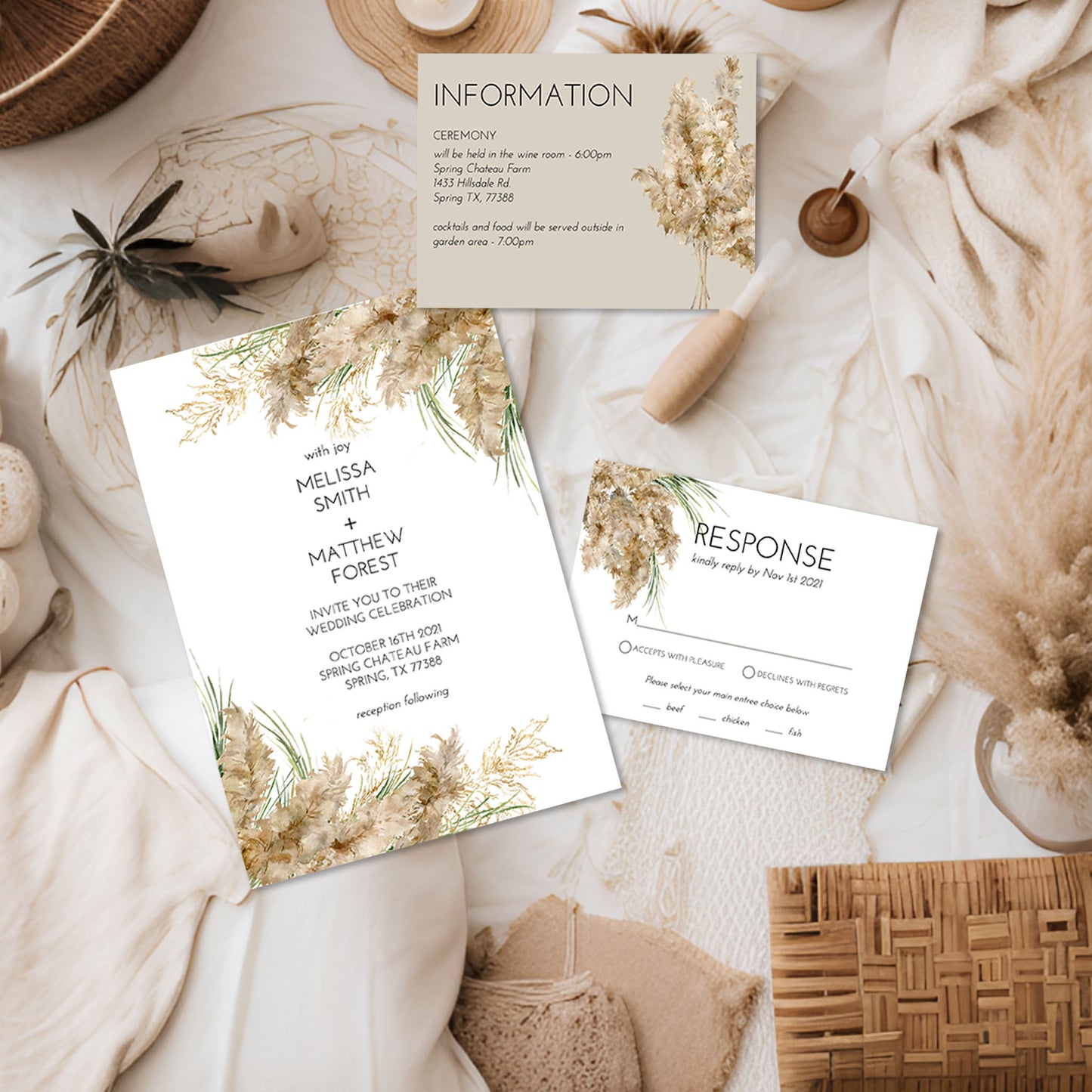 Pampas Grass Boho Wedding Invitation Suite