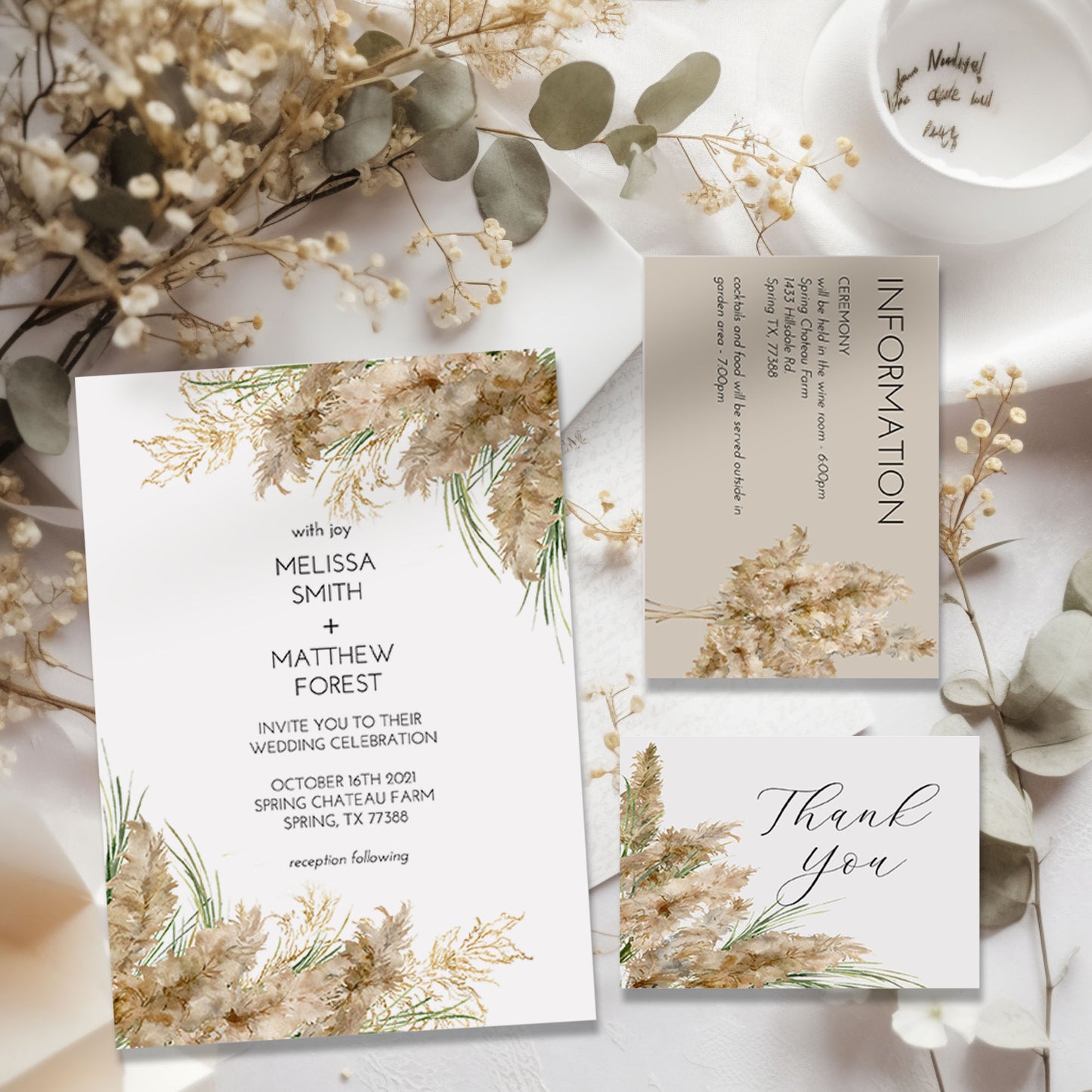 Pampas Grass Boho Wedding Invitation Suite