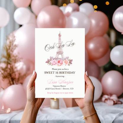 Paris Ooh La La Eiffel Tower Sweet Sixteen Birthday Invitation Printed