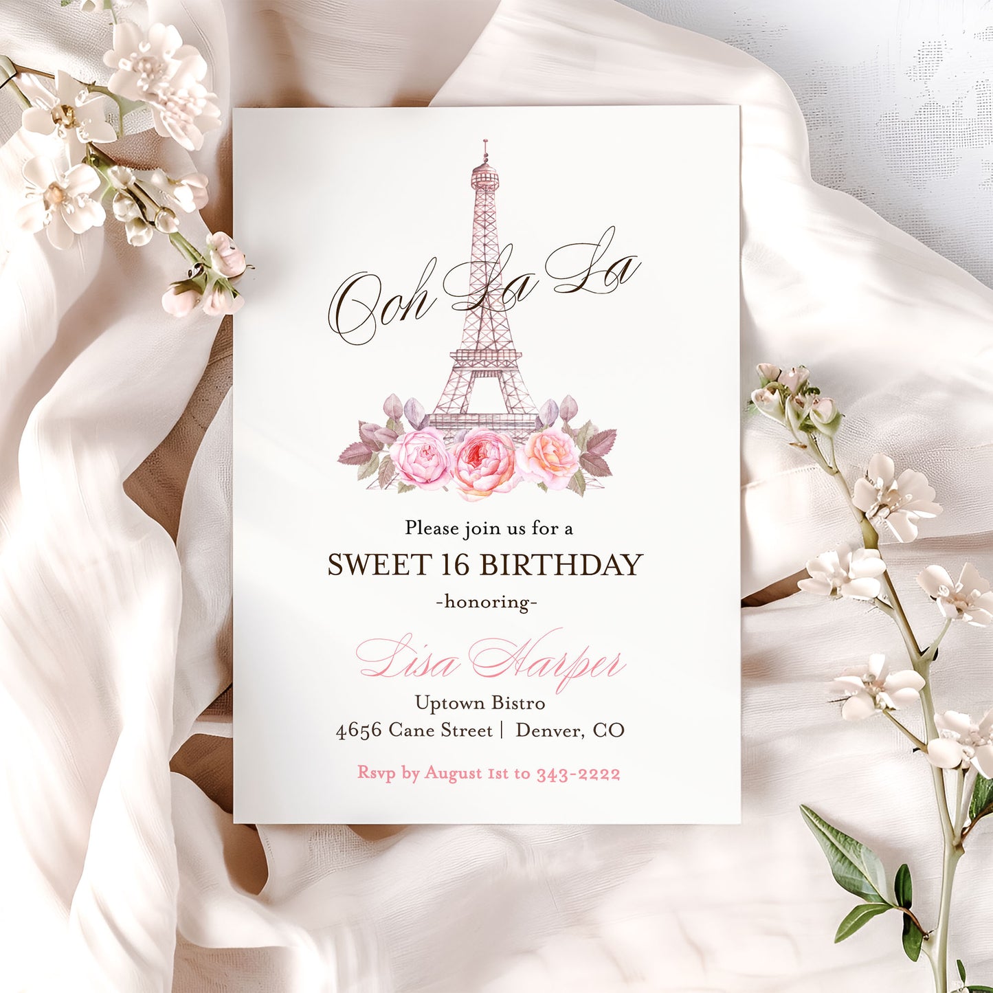 Paris Ooh La La Eiffel Tower Sweet Sixteen Birthday Invitation Printed