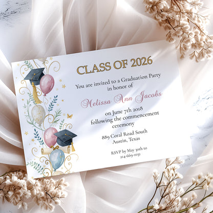 Floral Fun Graduation Announcement with Photo Invitation Template Editable Invitation Corjl Digital Download