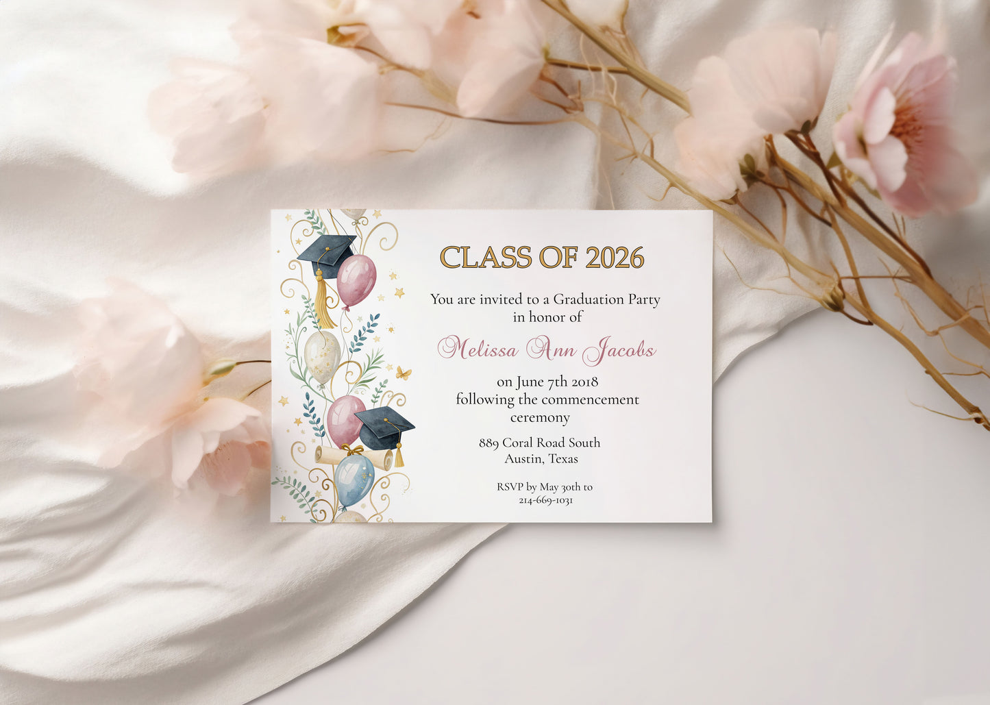 Floral Fun Graduation Announcement with Photo Invitation Template Editable Invitation Corjl Digital Download