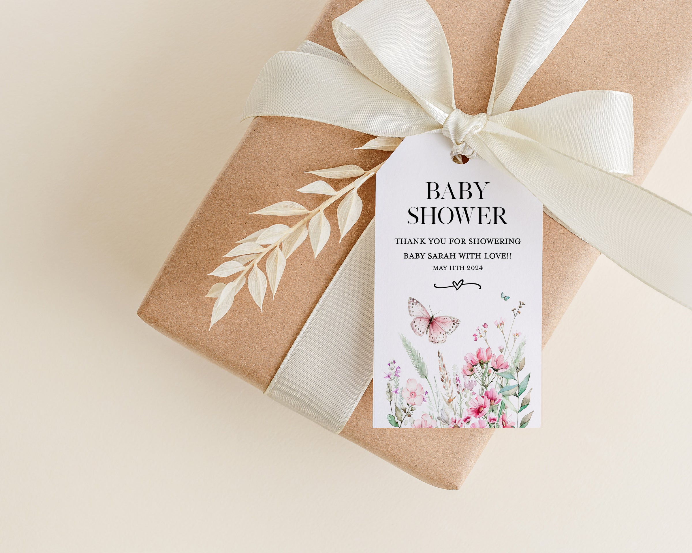 Pink Butterfly Baby Shower Thank You Gift Tag