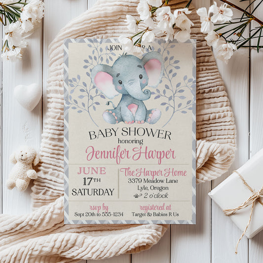 Pink Elephant Baby Shower Invitation