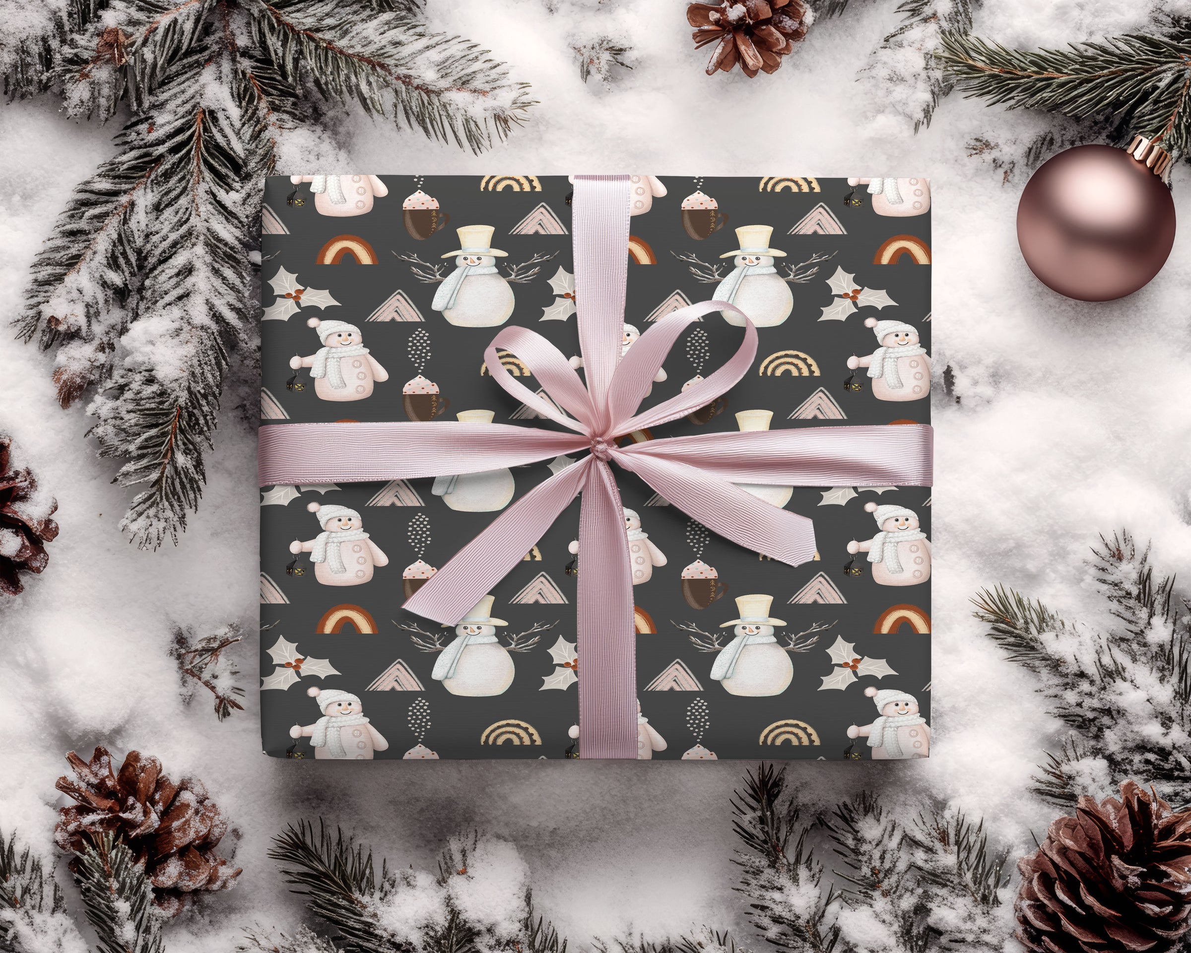 Pink Snowman and Lattes Christmas Wrapping Paper