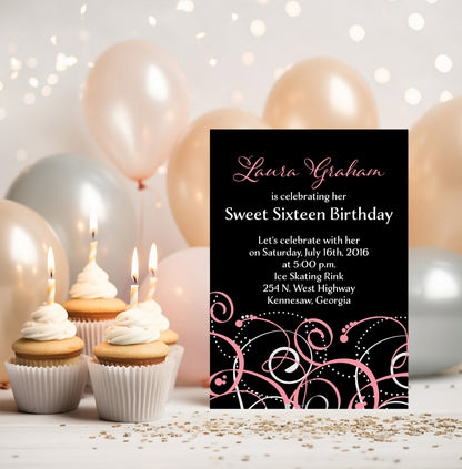 Pink Swirls Modern Sweet Sixteen Birthday Invitation