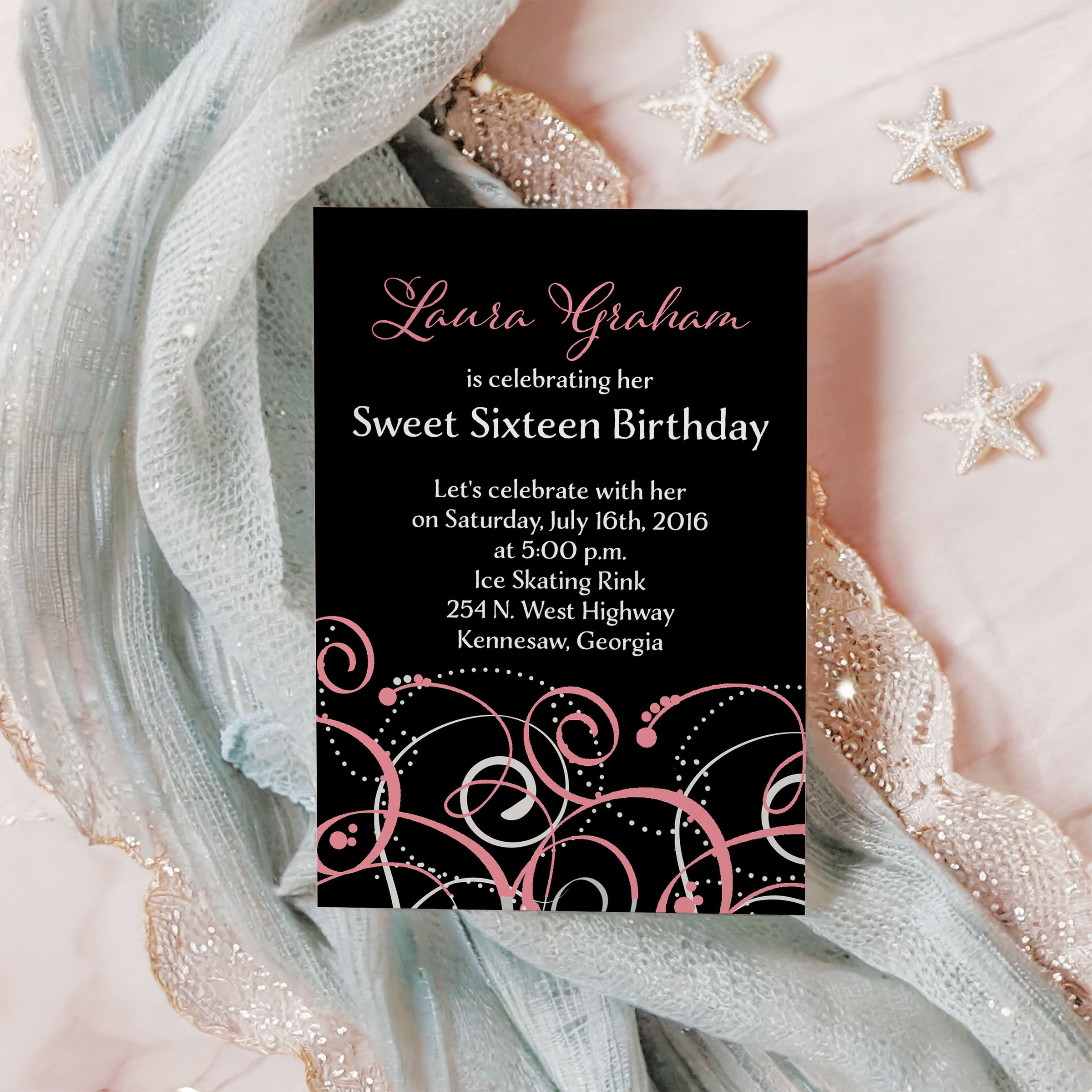 Pink Swirls Modern Sweet Sixteen Birthday Invitation