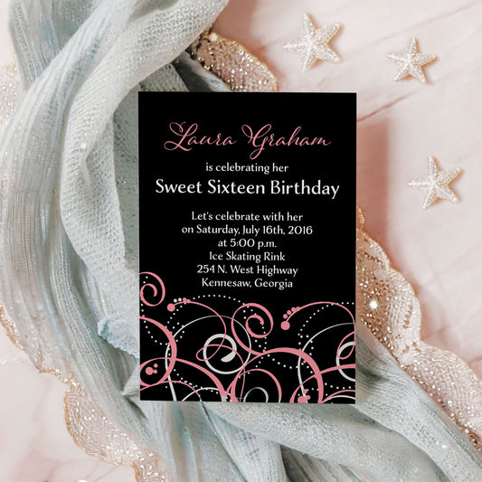 Pink Swirls Modern Sweet Sixteen Birthday Invitation