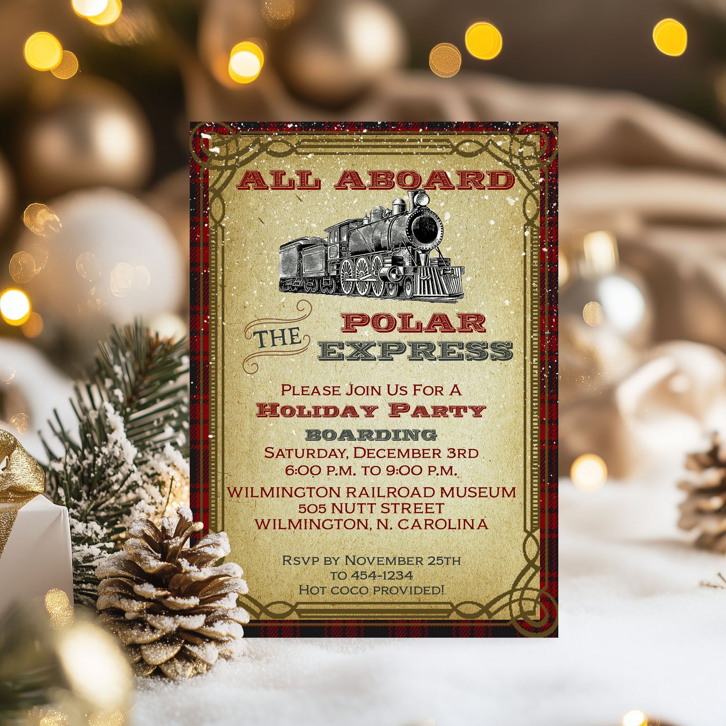 Polar Express Vintage Train Christmas Invitation