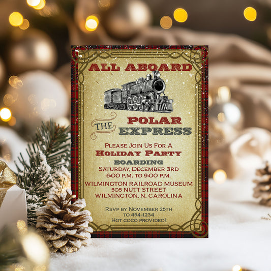 Polar Express Vintage Train Christmas Invitation