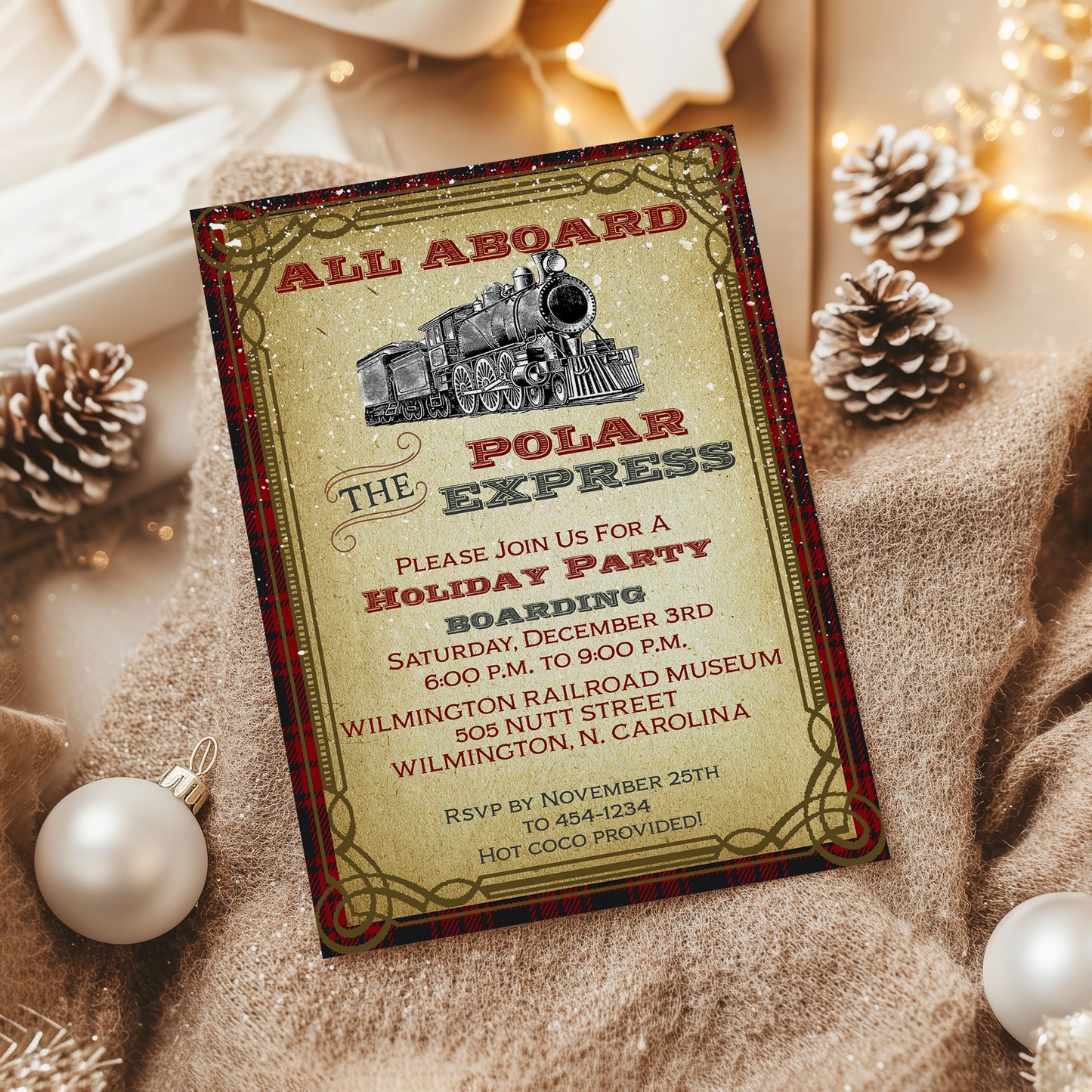 Polar Express Vintage Train Christmas Invitation