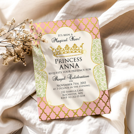 Gold and Pink Princess Crown Royal Celebration Birthday Invitation