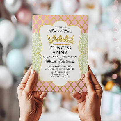 Gold and Pink Princess Crown Royal Celebration Birthday Invitation