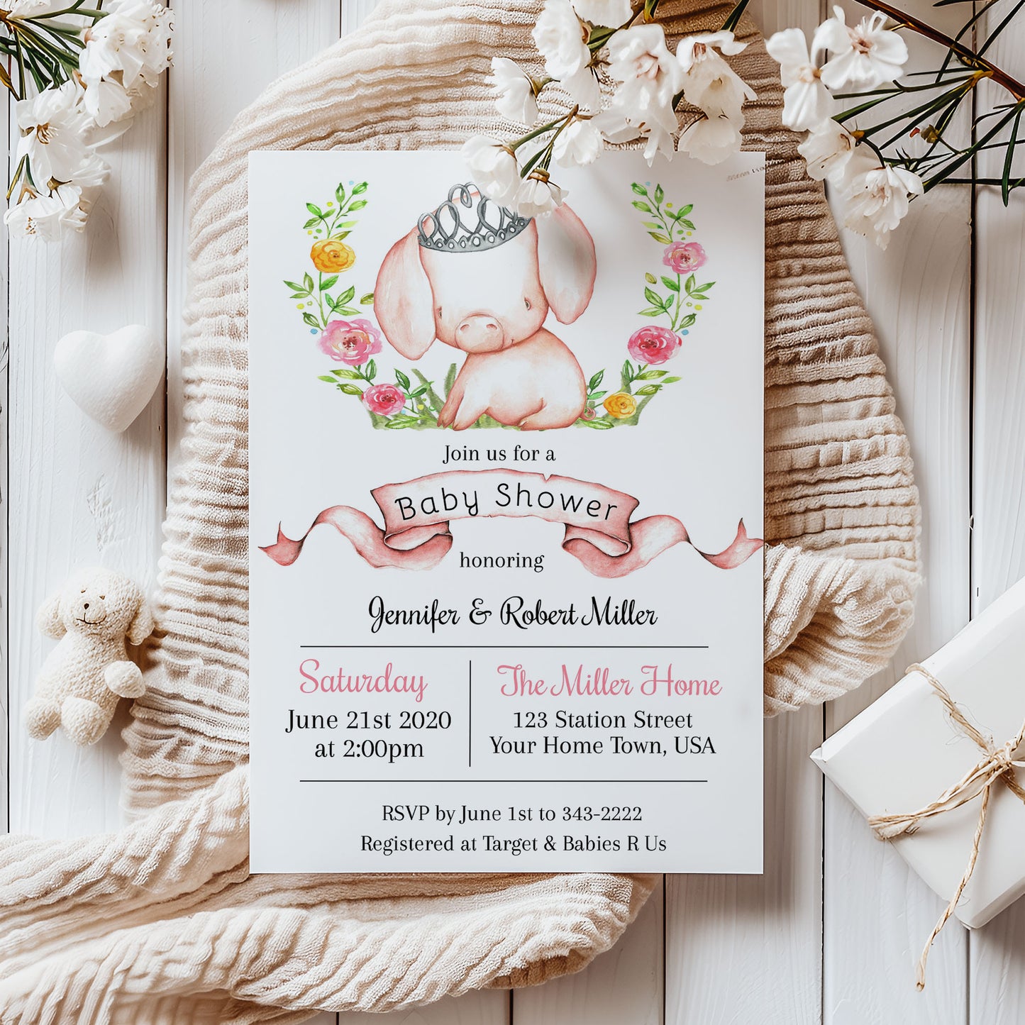 Princess Pig Floral Pink Baby Shower Invitation