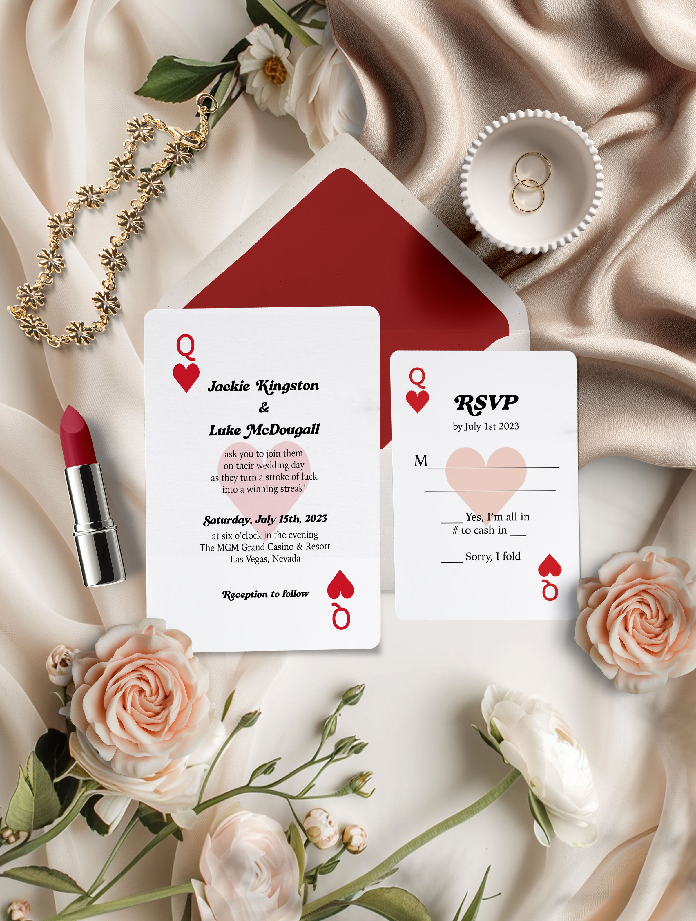 Queen of Hearts Las Vegas Playing Cards Wedding Invitation