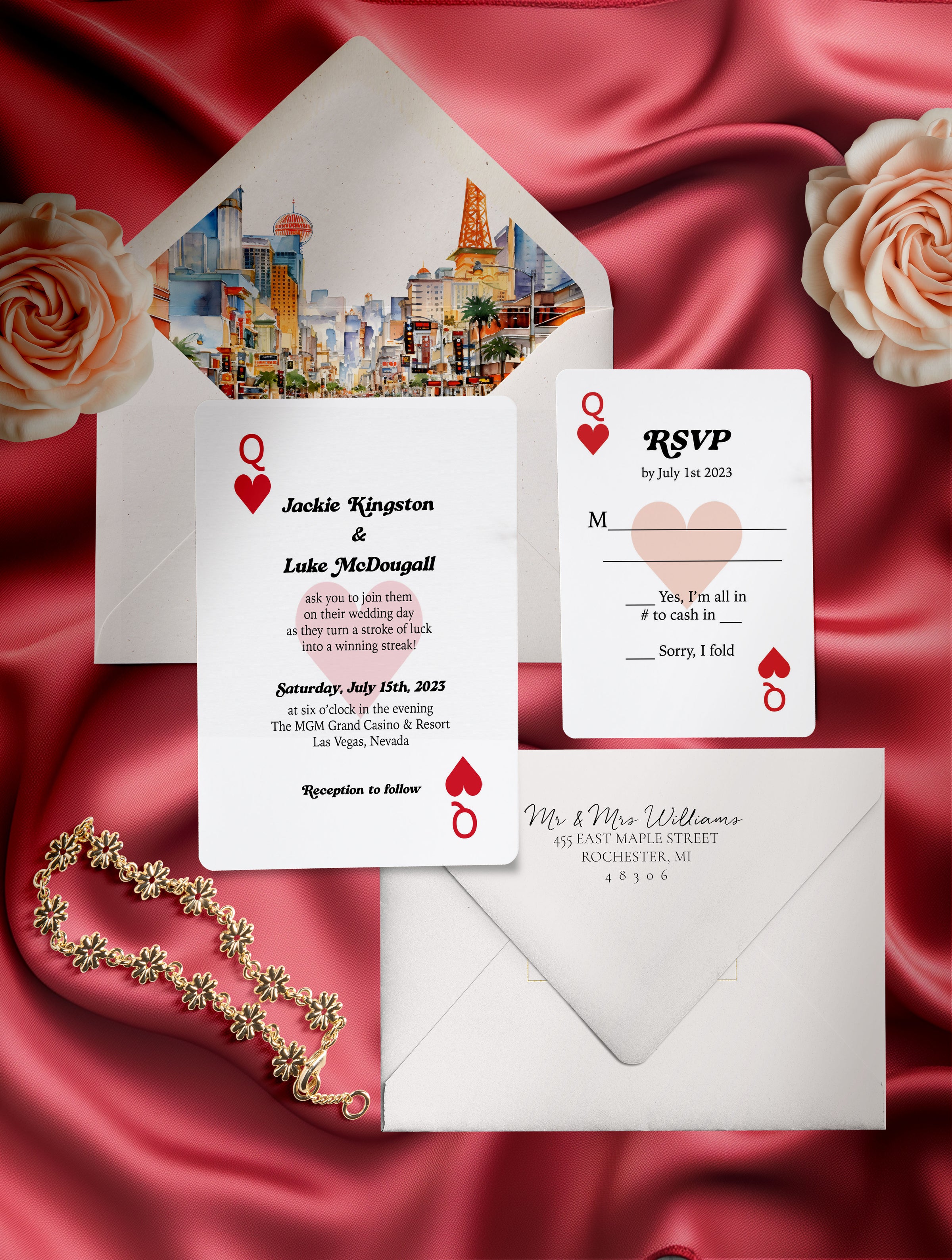 Queen of Hearts Las Vegas Playing Cards Wedding Invitation