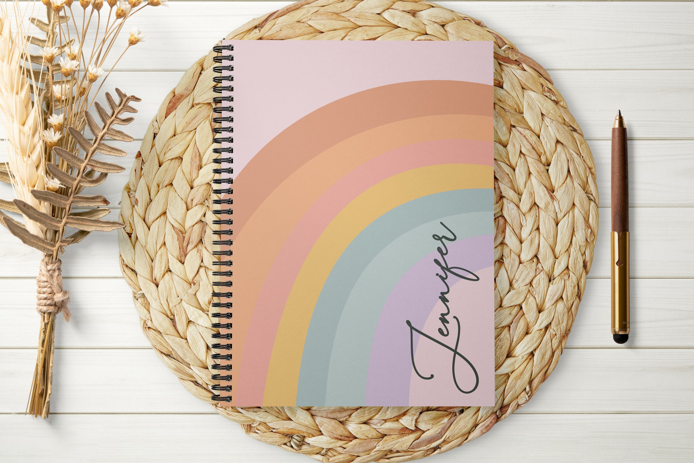 Personalized Pastel Rainbow Spiral Notebook — Custom Name Ruled Journal