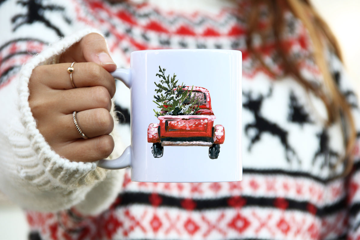 Personalized Red Truck Christmas Mug Vintage Farmhouse Holiday Coffee Cup
