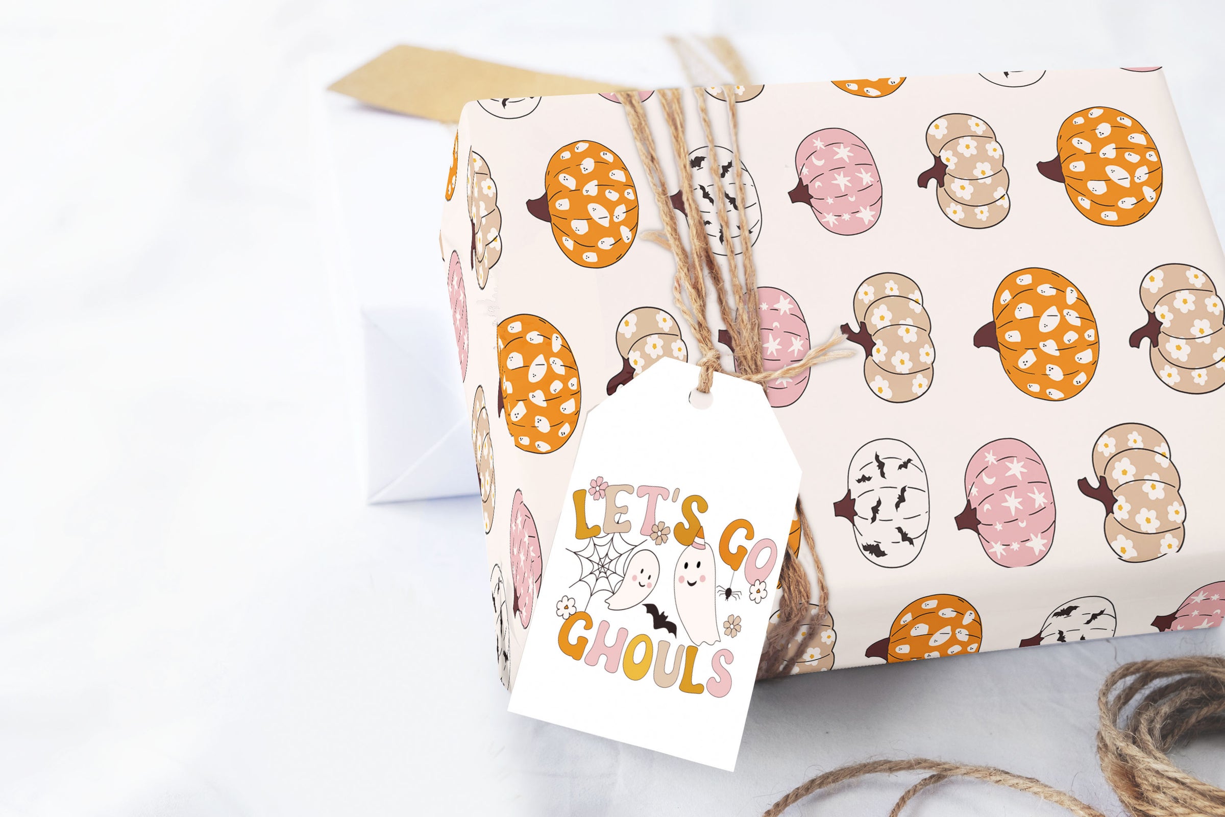 Halloween Pink and Orange Retro Pumpkins Wrapping Paper