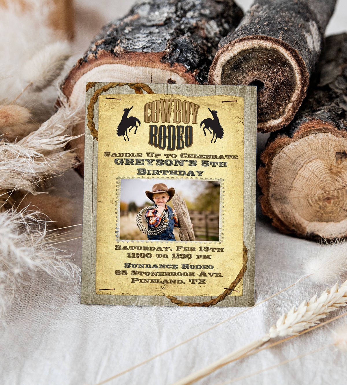 Rodeo Cowboy Rustic Wood Photo Birthday Invitation Printed