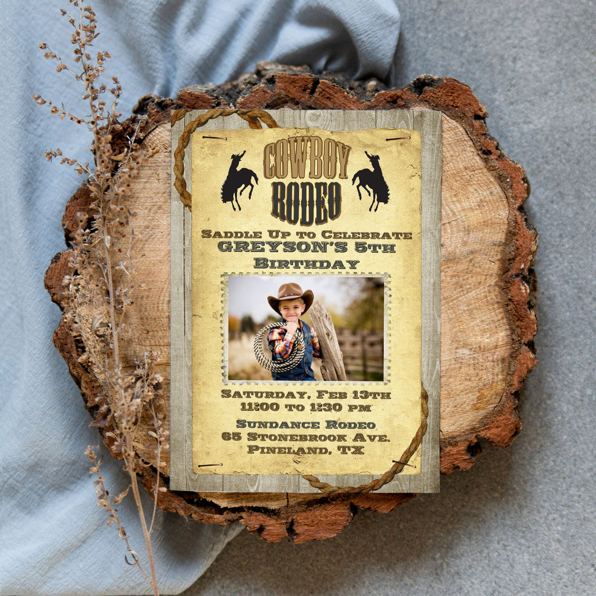 Rodeo Cowboy Rustic Wood Photo Birthday Invitation Printed